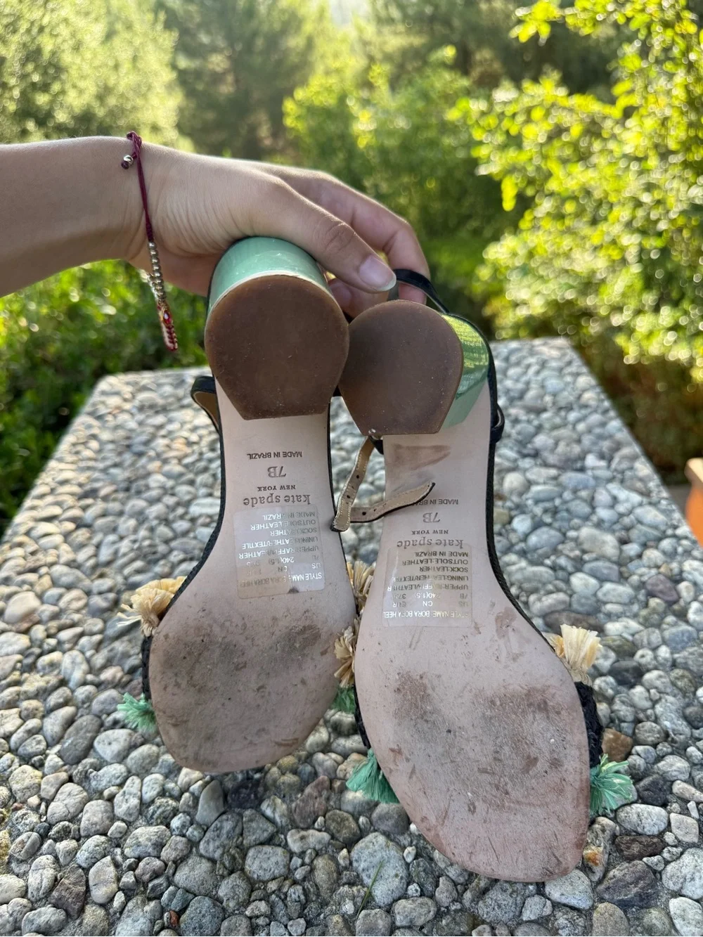 kate spade Black Sandals with Cream & Mint Fringe and Jewel Embellishments